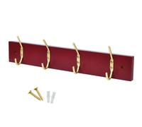 Keypak 4-Hook Door Wall Mounted Coat Rack, 38Cm - Mahogany Effect Board, Brass Plated Coat Hooks - Fixings Included