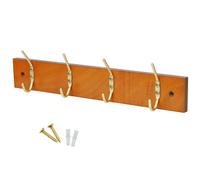 Keypak 4-Hook Door Wall Mounted Coat Rack, 38Cm - Pine Wooden Board, Brass Plated Coat Hooks - Fixings Included