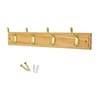 Keypak 4 Hook Pine Finish Wall Mounted Coat Rack with 4 Brass Hooks