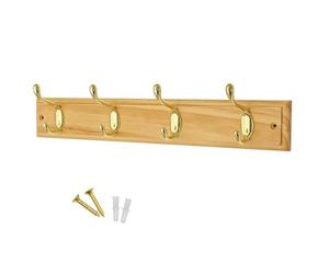 Keypak 4 Hook Pine Finish Wall Mounted Coat Rack with 4 Brass Hooks | Wooden Board for Coats, Hats, Bags, Tools Space Saving Wall Storage Organiser, Fixings Included
