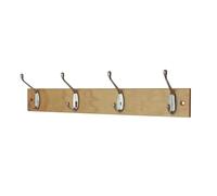 Keypak 4 Hook Solid Pine Wall Mounted Coat Rack 4 Polished Chrome Double Hooks 45cm - Clothes Hanger for Hallway, Bedroom, Bathroom