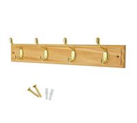 Keypak 4 Hook Wall-Mounted Coat Rack, 45Cm - Pine Wood Effect Board, Polished Brass Coat Hooks - Fixings Included