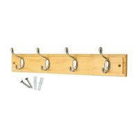 Keypak 4-Hook Wall-Mounted Coat Rack, 45Cm - Pine Wood Effect Board, Polished Chrome Coat Hooks - Fixings Included
