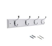 Keypak 4-Hook Wall-Mounted Coat Rack, 45Cm - White Wooden Board, Polished Chrome Coat Hooks - Fixings Included