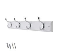 Keypak 4 Hook White Wooden Wall Mounted Coat Rack with 4 Polished Chrome Hooks - Heavy Duty Wooden Board for Coats, Hats, Bags, Tools Space Saving Wall Storage Organiser, Fixings Included