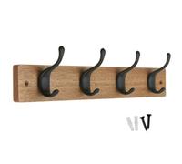 Keypak 4 Matte Black Coat Hooks On Ash Effect Wooden Board - 42Cm Modern Wall Mounted Coat Rack Clothes Hanger