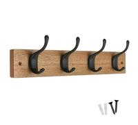 keypak 4 Matte Black Coat Hooks on Ash Effect Wooden Board - Modern Wall Mounted Coat Rack Clothes Hanger