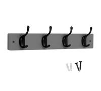 keypak 4 Matte Black Coat Hooks on Grey Wooden 46cm Board - Modern Wall Door Mounted Coat Rack Clothes Hanger