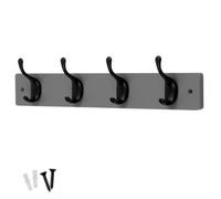 Keypak 4 Matte Black Coat Hooks On Grey Wooden Board - 46Cm Modern Wall Mounted Coat Rack Clothes Hanger