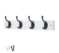 keypak 4 Matte Black Coat Hooks on White Wooden 46cm Board. 3.4kg Per Hook