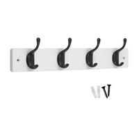 keypak 4 Matte Black Coat Hooks on White Wooden 46cm Board - Modern Wall Door Mounted Coat Rack Clothes Hanger