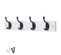 Keypak 4 Matte Black Coat Hooks On White Wooden Board - 46Cm Modern Wall Mounted Coat Rack Clothes Hanger