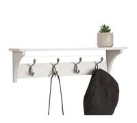 Keypak 4 Satin Nickel Hooks on 56cm White Wall Shelf & Coat Rack Combo | Wall Mounted Coat Rack & Storage Shelf for Hallway, Bedroom, Bathroom