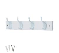 keypak 4 White Gloss Coat Hooks on White Wooden 46cm Board. 3.4kg Per Hook | Modern Hallway Décor, Wall or Door Mounted Coat Rack Clothes Hanger