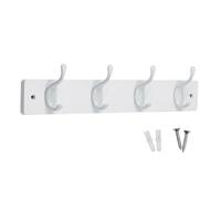 keypak 4 White Gloss Coat Hooks on White Wooden 46cm Board - Modern Wall Door Mounted Coat Rack Clothes Hanger