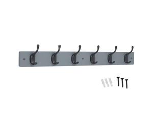 keypak 6 Hook Grey Wooden Wall Mounted Coat Rack with 6 Matte Black Hooks - Heavy Duty Wooden Board for Coats, Hats, Bags, Tools Space Saving Wall Storage Organiser, Fixings Included