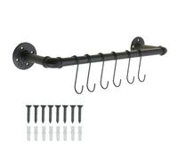 Keypak 6 Hook Industrial Pipe Rail - Wall Mounted Black Kitchen Rack - 62Cm Organiser For Utensils, Pots, Lids, Towels & Cookware
