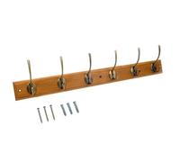 Keypak 6 Hook Oak Effect Wall Mounted Coat Rack with Victorian Antique Brass Hooks - Heavy Duty Wooden Board for Coats, Hats, Bags, Tools Space Saving Wall Storage Organiser, Fixings Included