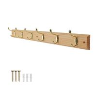 keypak 6 Hook Pine Finish Wall Mounted Coat Rack with Basic Polished Brass Double Hooks - Heavy Duty Wooden Board for Coats, Hats, Bags, Tools Space Saving Wall Storage Organiser
