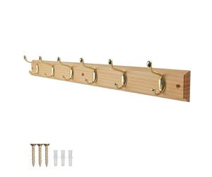 keypak 6 Hook Pine Finish Wall Mounted Coat Rack with Basic Polished Brass Double Hooks - Heavy Duty Wooden Board for Coats, Hats, Bags, Tools Space Saving Wall Storage Organiser