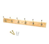 Keypak 6-Hook Wall-Mounted Coat Rack, 68Cm - Pine Wood Effect Board, Polished Brass Coat Hooks - Fixings Included