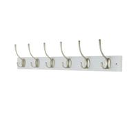 keypak 6 Hook White Wall Mounted Coat Rack with Victorian Satin Nickel Hooks - Heavy Duty Wooden Board for Coats, Hats, Bags, Tools Space Saving Wall Storage Organiser, Fixings Included