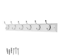 Keypak 6 Hook White Wooden Wall Mounted Coat Rack with 6 Polished Chrome Hooks - Heavy Duty Wooden Board for Coats, Hats, Bags, Tools Space Saving Wall Storage Organiser, Fixings Included