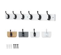 keypak 6 Matte Black Coat Hooks on White Wooden 68cm Board. 3.4kg Per Hook