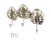 Keypak Brushed Brass Wide Leaf 3 Hook Wall Mounted Coat Rack - Decorative Metal Hook Rail For Coats, Hats, Bags, Tools
