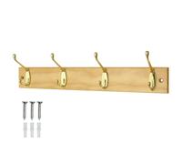 keypak Coat Rack Wall Mounted Polished Brass 4 Double Hooks Solid Pine 45cm