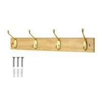 Keypak Coat Rack Wall Mounted Polished Brass 4 Double Hooks - Solid Pine Rack 45Cm Clothes Hanger For Hallway, Bedroom, Bathroom