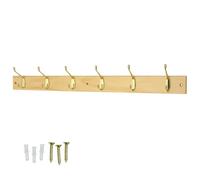 keypak Coat Rack Wall Mounted Polished Brass 6 Double Hooks Solid Pine 68cm | Wooden Backed Clothes or bag Hanger for Hallway, Bedroom, Bathroom