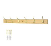 keypak Coat Rack Wall Mounted Polished Brass 6 Double Hooks - Solid Pine Rack - 69cm - Clothes Hanger for Hallway, Bedroom, Bathroom