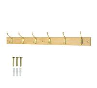 Keypak Coat Rack Wall Mounted Polished Brass 6 Double Hooks - Solid Pine Rack 69Cm Clothes Hanger For Hallway, Bedroom, Bathroom