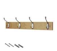 Keypak Coat Rack Wall Mounted Polished Chrome 4 Double Hooks - Solid Pine Rack 45Cm Clothes Hanger For Hallway, Bedroom, Bathroom