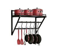 keypak Heavy Duty Wall Mounted Pot and Lid Organiser Rack - 2 Tier Black Kitchen Storage Shelf with Hooks for Utensils, Space Saving Cookware Holder for Pots, Pans & Lids