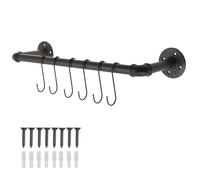 keypak Industrial Pipe Hook Rail 62cm Wide with 6 Black Hooks | Wall Mounted Kitchen Rail for Utensils, Towels, Lids, Cookware & Storage, Fixings Included