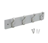 keypak Minimalistic Wall-Mounted Coat Rack - 4 Hooks on Stylish Modern Wooden Base for Wall & Door - 38cm - All Fixings Included (Satin Nickel/Dove Grey)