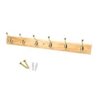 Keypak Pine Wall Mounted Coat Rack with 6 Polished Brass Double Hooks - 68.5cm Heavy Duty Wooden Board for Coats, Hats, Bags, Tools - Space Saving Wall Storage Organiser