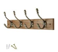 keypak Rustic Wall-Mounted Coat Rack 4 Brass Hooks 46cm Wood Rail