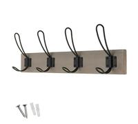Keypak Rustic Wall Mounted Coat Rack, 4 Double Wire Hooks on Wooden Base | Light Grey Backboard, Ideal for Entryway Hallway Living Room Bathroom, Fixings Included