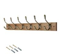 keypak Rustic Wall-Mounted Coat Rack 6 Brass Hooks 69cm Wood Rail | Handcrafted Dark Wood with Antique Brass Hooks for Coats, Towels & Bags
