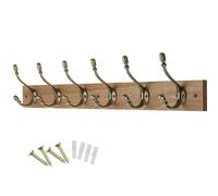 keypak Rustic Wall-Mounted Coat Rack 6 Hook Rail, 69cm, Handcrafted Dark Wood with Antique Brass Hooks for Coats, Towels & Bags