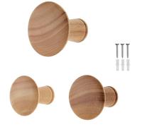 keypak Set of 3 Round Natural Wood Effect Screw-in Wooden 50mm Hooks | Decorative Modern Hangers, Wall Mounted Coat Hooks