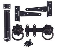 Keypak Shed Door Hardware Kit Gate Latch, 2 Tee Hinges & Tower Bolt Black | Complete Garden Gate Set, Replacement Outdoor Hardware with fixings