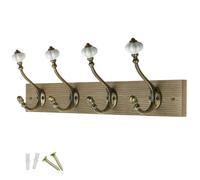keypak Victorian Wall-Mounted Coat 4 Brass Hook 46 cm Wood Rail | Handcrafted Dark Wood Coat rack with Brass & Ceramic Hooks for Coats, Towels & Bags