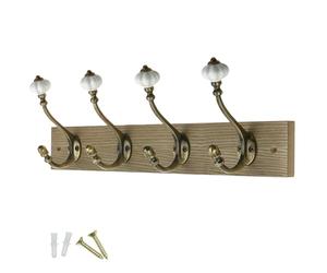keypak Victorian Wall-Mounted Coat 4 Brass Hook 46 cm Wood Rail | Handcrafted Dark Wood Coat rack with Brass & Ceramic Hooks for Coats, Towels & Bags