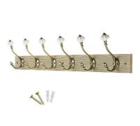 Keypak Victorian Wall-Mounted Coat 6 Hook Rail, 69cm, Handcrafted Dark Wood with Brass & Ceramic Hooks for Coats, Towels & Bags