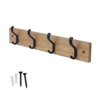 keypak Wall-Mounted Coat Rack - 4 Black Hooks on Stylish 38cm Ash Wood