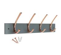 Keypak Wall Mounted Coat Rack 4 Polished Copper Hooks On Grey Board - 46Cm Wide Wooden Organiser For Entryways, Bedrooms, Kitchens